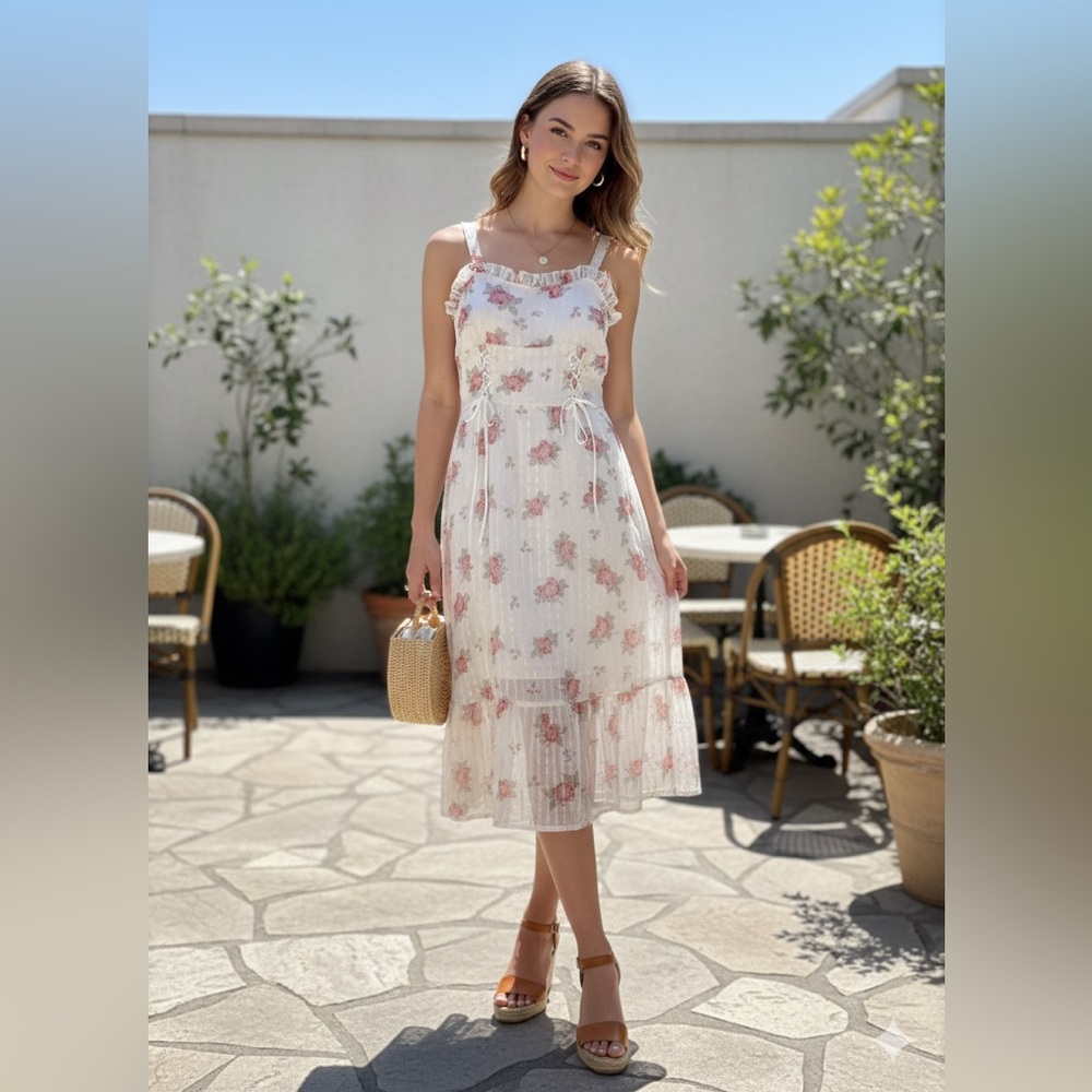 SHEIN Cream and Pink Floral Midi Dress